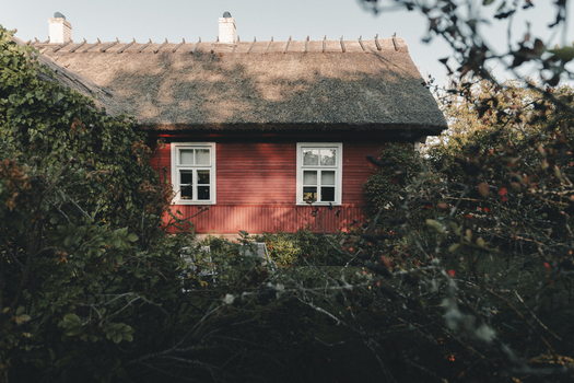 View of a traditional red wooden house with a thatched roof nestled among lush greenery on Vormsi island in Laane County Estonia.