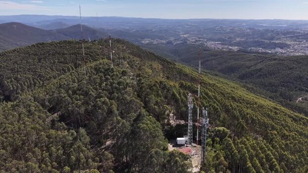 Aerial view of antenna towers on mountain Portugal.