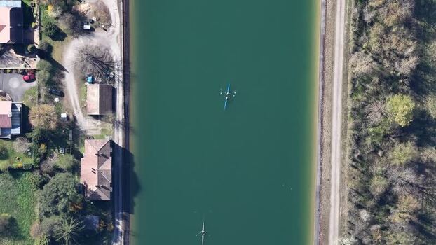Aerial view of canal with rowboats France.