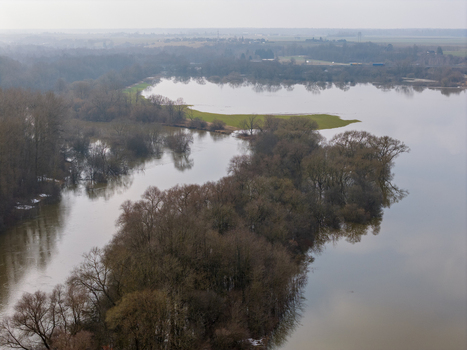Aerial view of a flooded river landscape with bare trees and misty horizon in Kaniukai Kaunas County Lithuania. Aerial view of a flooded river landscape with bare trees and misty horizon in Kaniukai Kaunas County Lithuania.