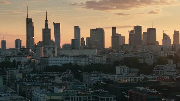 Aerial view of Warsaw skyline at sunset Poland.