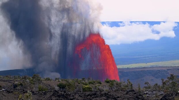 Aerial view of a volcanic eruption with a lava fountain. Aerial view of a volcanic eruption with a lava fountain.