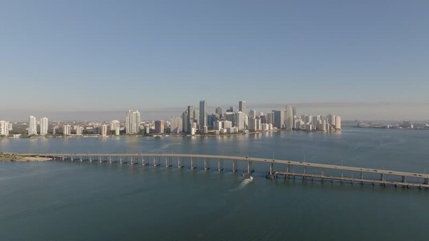 Aerial view of Miami skyline and Rickenbacker Causeway United States.