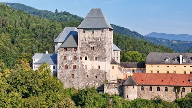Aerial view of Burg Deutschlandsberg Austria.