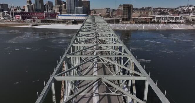 Aerial view of a steel truss bridge over the Ohio River United States. Aerial view of a steel truss bridge over the Ohio River United States.