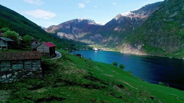 Aerial view of Geirangerfjord with cruise ship Norway.