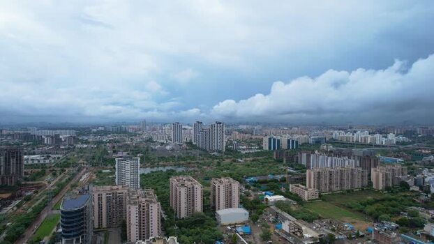Aerial view of Gurugram cityscape with skyscrapers India.