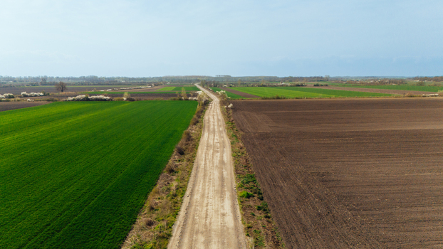 Aerial view of a long dirt road slicing through vibrant green fields and freshly plowed brown earth contrasting textures under a soft sky Sremska Mitrovica Vojvodina Serbia. Aerial view of a long dirt road slicing through vibrant green fields and freshly plowed brown earth contrasting textures under a soft sky Sremska Mitrovica Vojvodina Serbia.