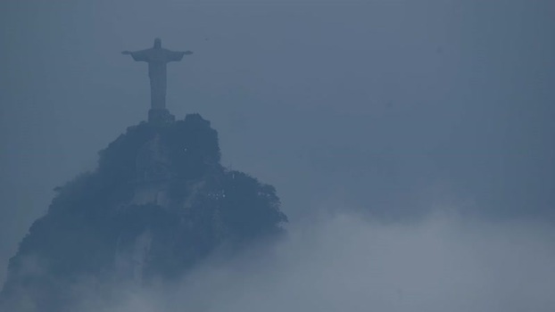 View of Christ the Redeemer statue in the fog Brazil.