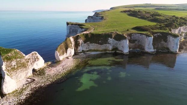 Aerial view of Old Harry Rocks chalk cliffs in Wareham United Kingdom.
