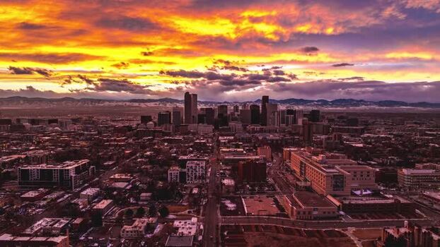 Aerial view of Denver skyline at sunset United States.