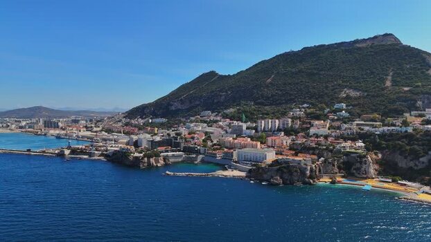 Aerial view of Rosia Bay and the Rock of Gibraltar Gibraltar.