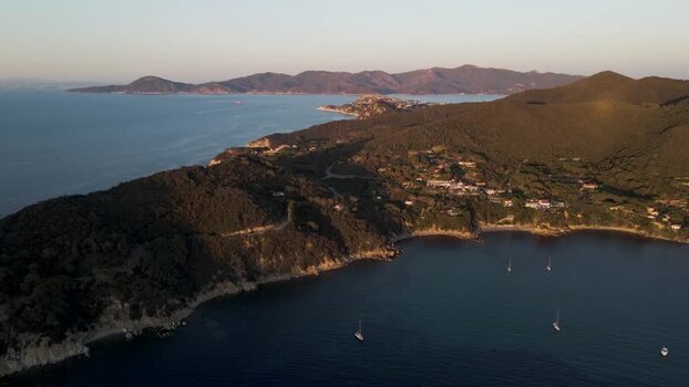 Aerial View of Capo d Enfola at sunset Elba Island Tuscany Italy.