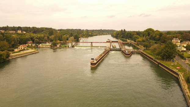 Aerial view of the river lock on the Seine river in Chartrettes Ile de France France. Aerial view of the river lock on the Seine river in Chartrettes Ile de France France.