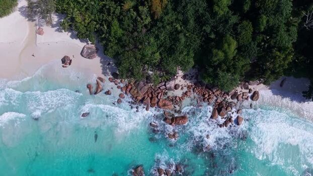 Aerial view of Anse Lazio beach in Baie Sainte Anne Seychelles.