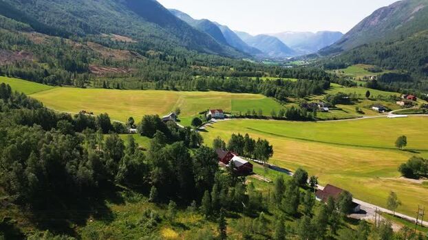 Aerial view of Klakegg rural landscape in Vestland Norway.