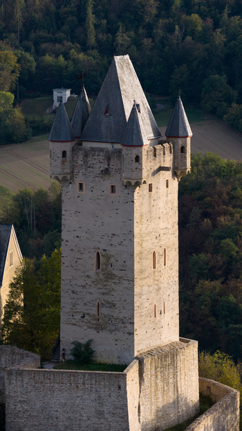 Aerial view of Nassau Castle featuring its prominent stone tower with turrets surrounded by lush green forests and fields in the late afternoon light Nassau Rheinland Pfalz Germany.