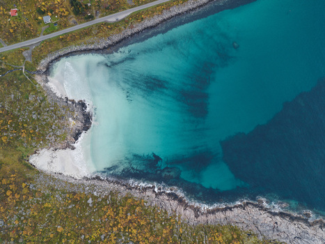 Aerial view of the turquoise waters of a bay in the Lofoten archipelago featuring rocky coastlines autumn vegetation and a coastal road in Svolvaer Nordland Norway.