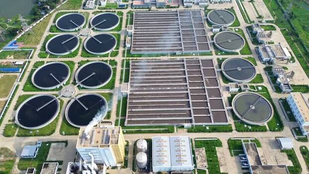 Aerial view of a large sewage treatment plant in Dhaka Bangladesh.
