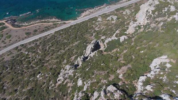 Aerial view of coastal road and rocky cliffs Northern Cyprus.