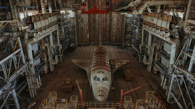 Aerial view of the abandoned Buran space shuttle inside the historic hangar at Baikonur Cosmodrome Qarmakshy District Kyzylorda Region Kazakhstan.