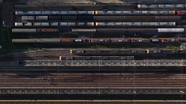 Aerial view of train station and tracks Portugal.