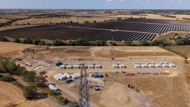 Aerial view of Eaton Socon solar farm and substation United Kingdom.
