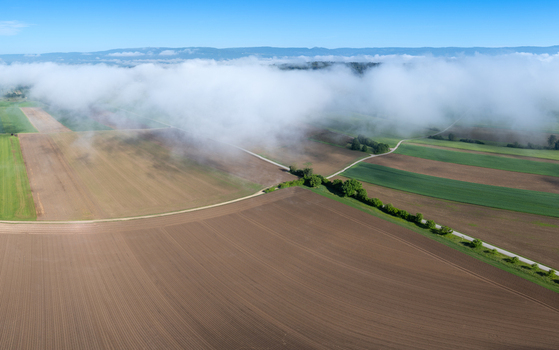 Aerial view of agricultural fields with low clouds rolling over the landscape and a winding road in Grossaffoltern Canton of Bern Switzerland. Aerial view of agricultural fields with low clouds rolling over the landscape and a winding road in Grossaffoltern Canton of Bern Switzerland.
