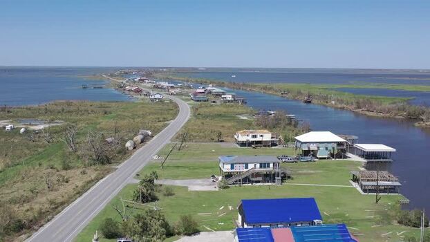 Aerial view of houses near water United States.