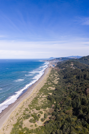 Aerial view of the rugged coastline with sandy beach crashing waves and dense evergreen forest under a clear blue sky in Gold Beach Oregon United States. Aerial view of the rugged coastline with sandy beach crashing waves and dense evergreen forest under a clear blue sky in Gold Beach Oregon United States.