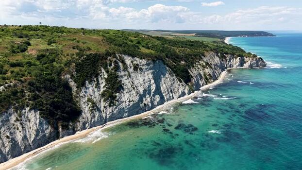 Aerial view of white cliffs and Black Sea coastline Bulgaria.