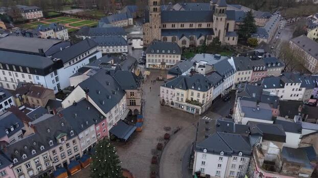 Aerial view of Echternach town square and Abbey Luxembourg.