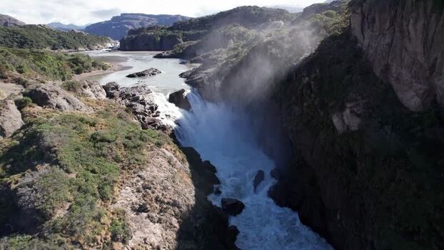 Aerial view of Salto del Ibanez waterfall and river Chile. Aerial view of Salto del Ibanez waterfall and river Chile.