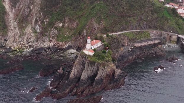 Aerial view of Faro de Cudillero on a rocky cliff Spain. Aerial view of Faro de Cudillero on a rocky cliff Spain.