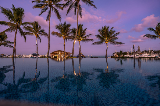 Aerial view of the infinity pool reflecting palm trees at sunset with the marina in the background at Club Nautico de Santo Domingo Inc. in Andres Santo Domingo Dominican Republic. Aerial view of the infinity pool reflecting palm trees at sunset with the marina in the background at Club Nautico de Santo Domingo Inc. in Andres Santo Domingo Dominican Republic.