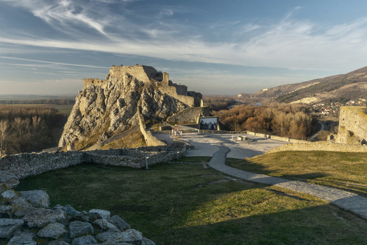 View of Devin Castle ruins on a rocky cliff overlooking the river valley Bratislava IV Bratislava Region Slovakia. View of Devin Castle ruins on a rocky cliff overlooking the river valley Bratislava IV Bratislava Region Slovakia.