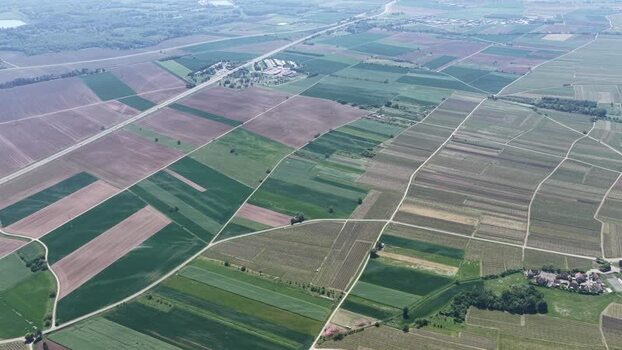 Aerial view of agricultural fields and rural landscapes France.
