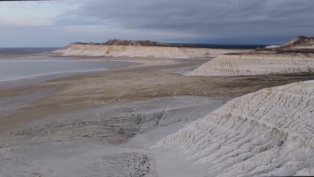 Aerial view of the Tuzbair salt flats and white cliffs Kazakhstan.