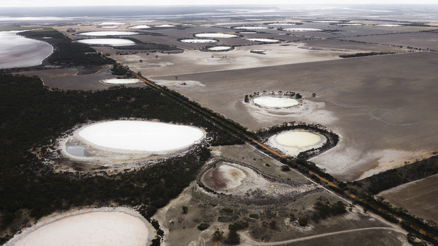 Aerial view of salt lakes scattered across the arid landscape near Perth Western Australia Australia.
