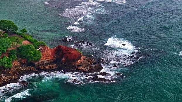 Aerial view of rocky coastline in Sri Lanka.