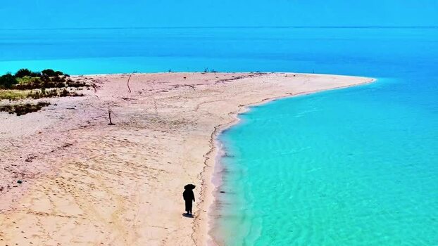 Aerial view of sandy beach and turquoise ocean Maldives.