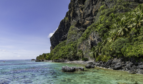 Aerial view of Playa Fronton with turquoise water rocky cliffs and lush palm trees in Samana Samana Dominican Republic. Aerial view of Playa Fronton with turquoise water rocky cliffs and lush palm trees in Samana Samana Dominican Republic.