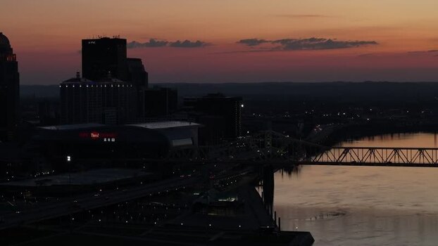 Aerial view of Louisville skyline and bridge at sunset United States. Aerial view of Louisville skyline and bridge at sunset United States.