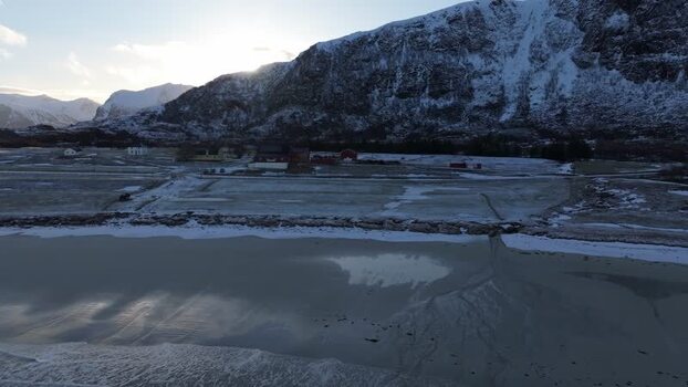 Aerial view of snowy Lofoten landscape in Norway.