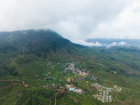 Aerial view of lush green tea plantations and a small village nestled among misty mountains under a cloudy sky in Nallathanniya Central Province Sri Lanka. Aerial view of lush green tea plantations and a small village nestled among misty mountains under a cloudy sky in Nallathanniya Central Province Sri Lanka.