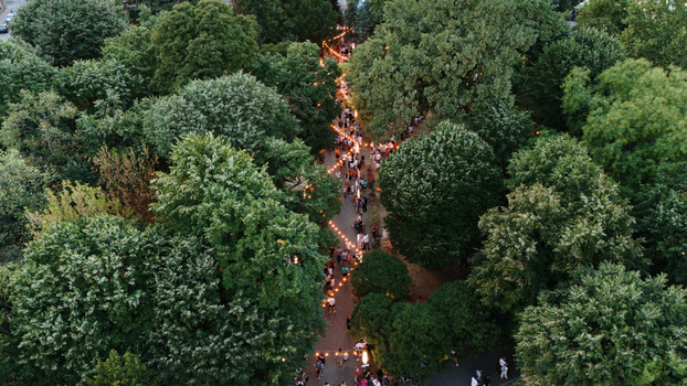 Aerial view of a park pathway illuminated by string lights with people walking among lush green trees in Sremska Mitrovica Serbia. Aerial view of a park pathway illuminated by string lights with people walking among lush green trees in Sremska Mitrovica Serbia.