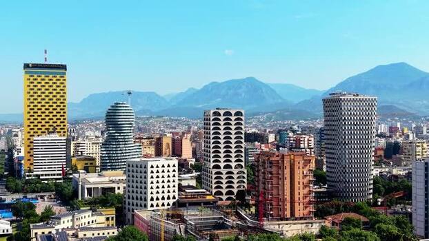 Aerial view of modern skyscrapers in Tirane Albania.