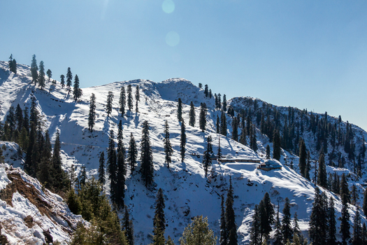 View of snow blanketed mountain slopes dotted with evergreen trees under a clear sky creating a serene winter landscape Lasdana Azad Kashmir Pakistan.