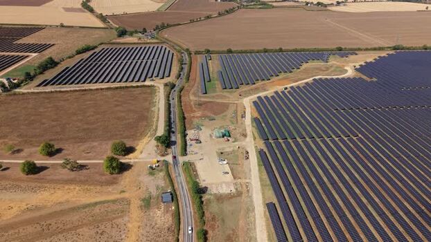 Aerial view of Eaton Socon solar farm in St. Neots United Kingdom.