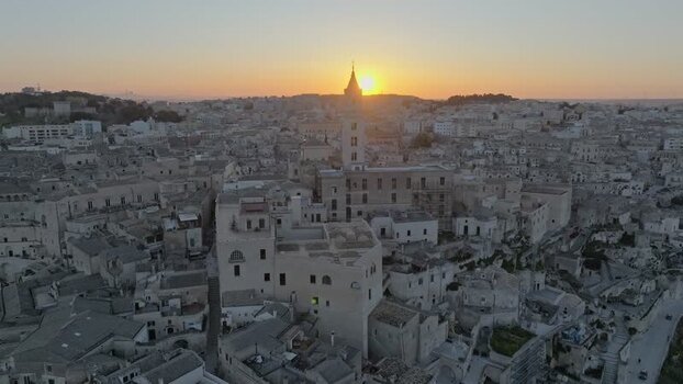 Aerial view of Matera at sunset Italy.